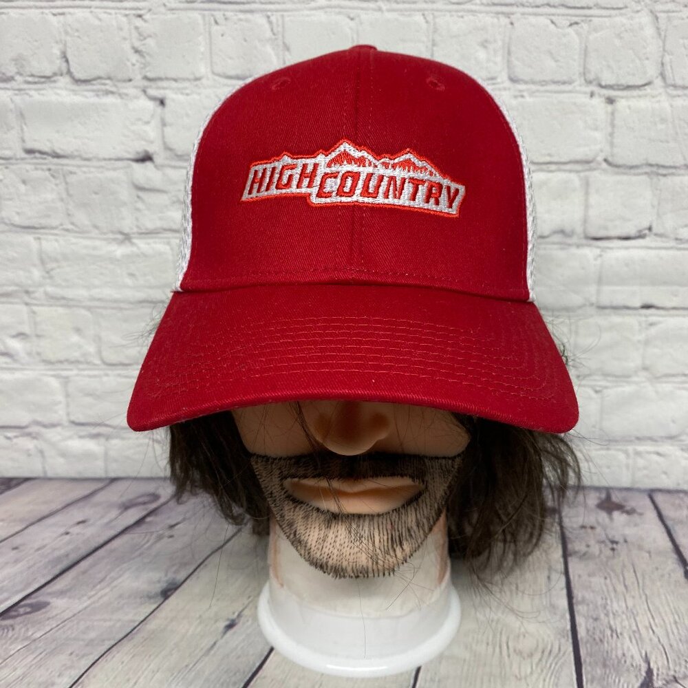 New Era Mesh Hat Cap Stretch Fit L-XL Red White High Country Embroidered Outdoor